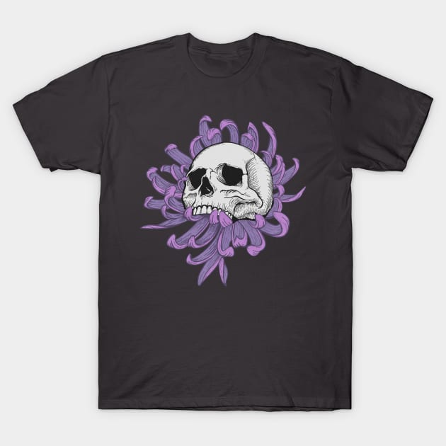 Chrysanthemum Skull Whimsigoth Design T-Shirt by rosiemoonart